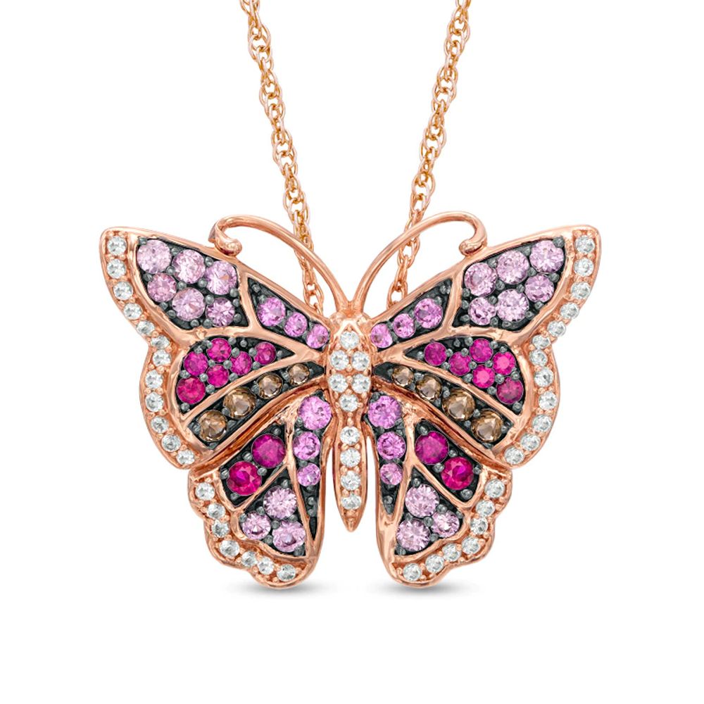 Multi-Gemstone and Lab-Created White Sapphire Butterfly Pendant in Sterling Silver with 14K Rose Gold Plate|Peoples Jewellers