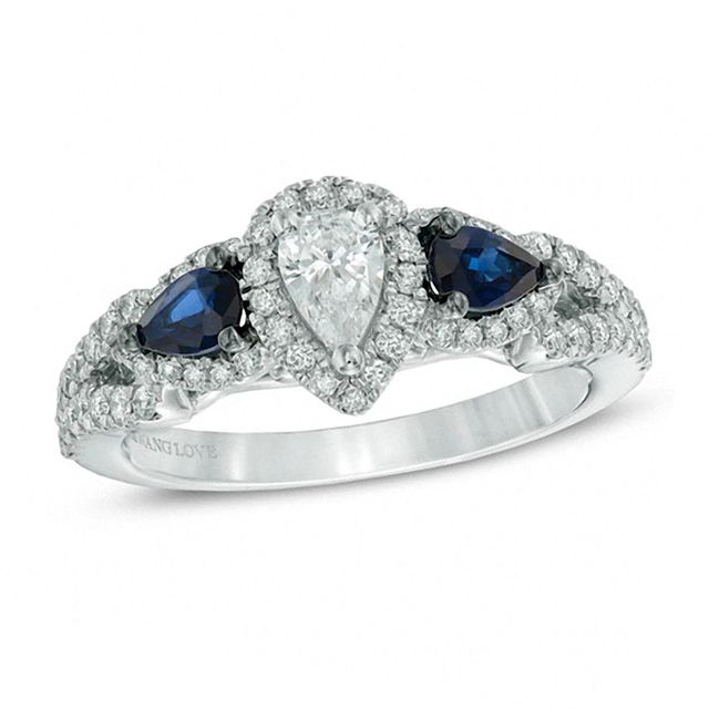 Vera Wang Love Collection 0.70 CT. T.W. Pear-Shaped Diamond and Blue Sapphire Frame Ring in 14K White Gold|Peoples Jewellers