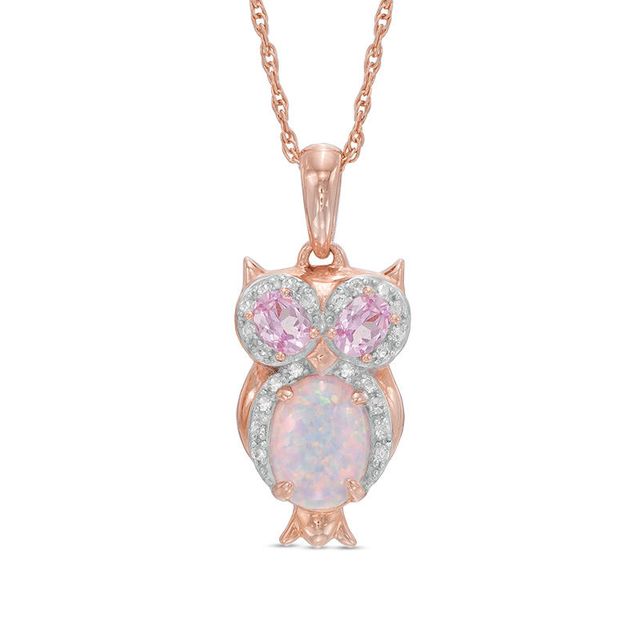 Oval Lab-Created Opal with Pink and White Lab-Created Sapphire Owl Pendant in Sterling Silver with Rose Gold Plate|Peoples Jewellers