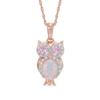 Oval Lab-Created Opal with Pink and White Lab-Created Sapphire Owl Pendant in Sterling Silver with Rose Gold Plate|Peoples Jewellers