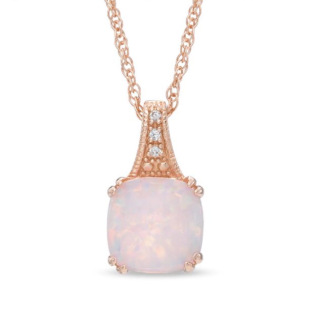 8.0mm Cushion-Cut Lab-Created Pink Opal and White Sapphire Pendant in Sterling Silver with 14K Rose Gold Plate