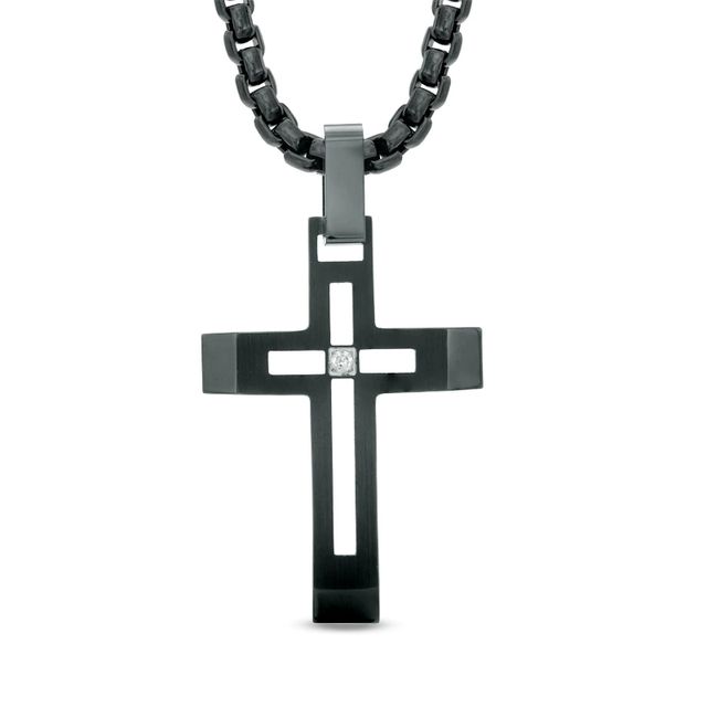 Men's Diamond Accent Cutout Cross Pendant in Black IP Stainless Steel - 24"|Peoples Jewellers