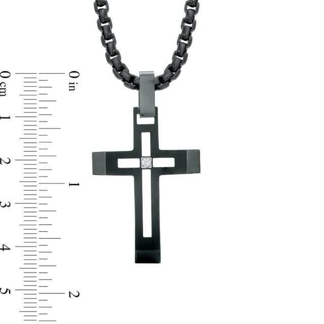 Men's Diamond Accent Cutout Cross Pendant in Black IP Stainless Steel - 24"