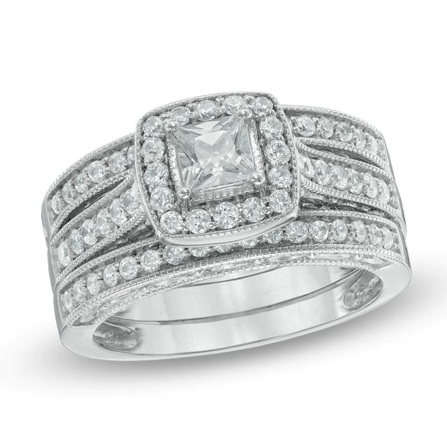 1.00 CT. T.W. Princess-Cut Diamond Frame Three Piece Bridal Set in 14K White Gold