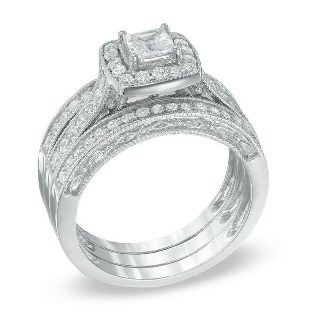 1.00 CT. T.W. Princess-Cut Diamond Frame Three Piece Bridal Set in 14K White Gold|Peoples Jewellers