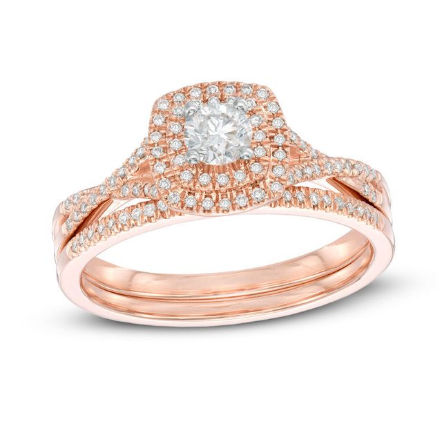 0.45 CT. T.W. Certified Canadian Diamond Double Frame Bridal Set in 14K Rose Gold (I/I2)|Peoples Jewellers