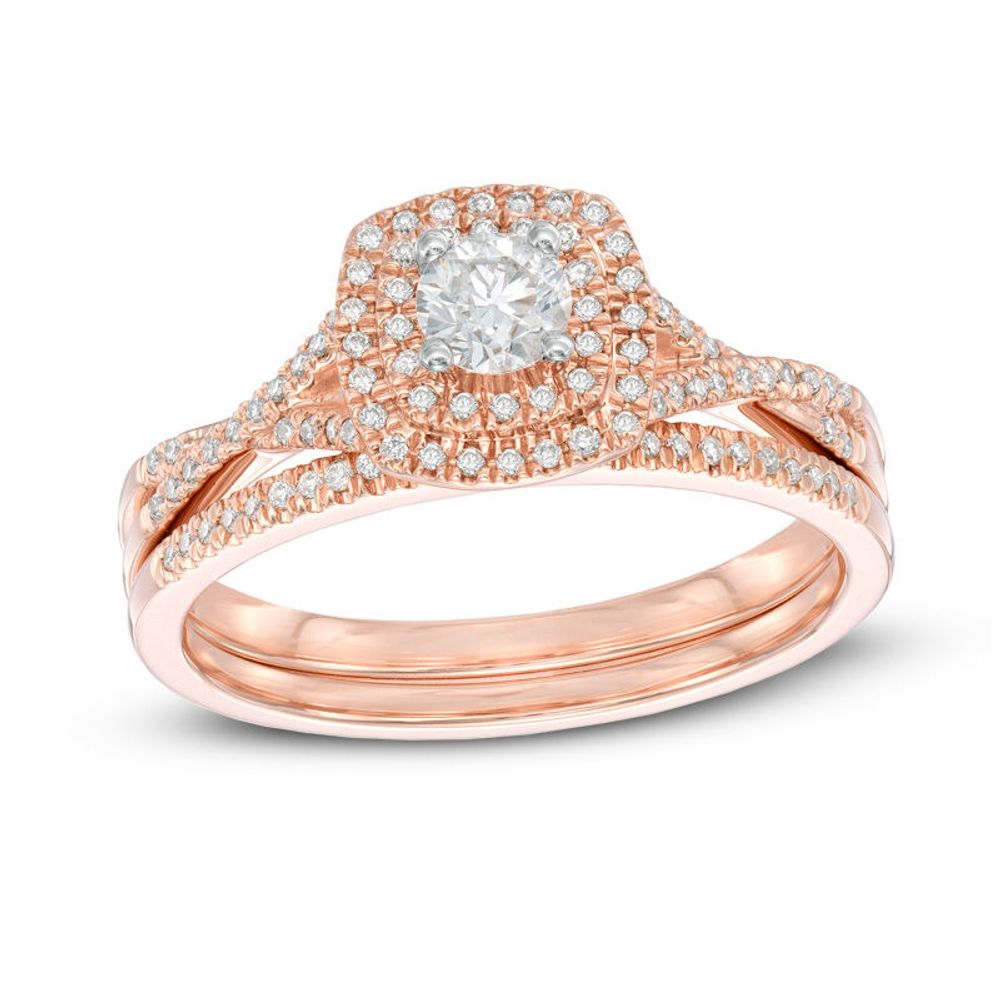 0.45 CT. T.W. Certified Canadian Diamond Double Frame Bridal Set in 14K Rose Gold (I/I2)|Peoples Jewellers