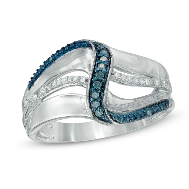 0.13 CT. T.W. Enhanced Blue and White Diamond Linear Wave Ring in Sterling Silver|Peoples Jewellers