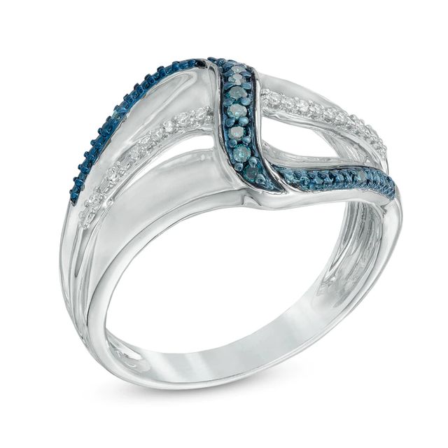 0.13 CT. T.W. Enhanced Blue and White Diamond Linear Wave Ring in Sterling Silver