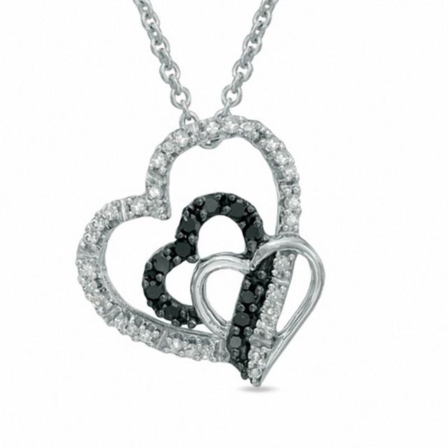 0.15 CT. T.W. Enhanced Black and White Diamond Three Hearts Pendant in Sterling Silver|Peoples Jewellers