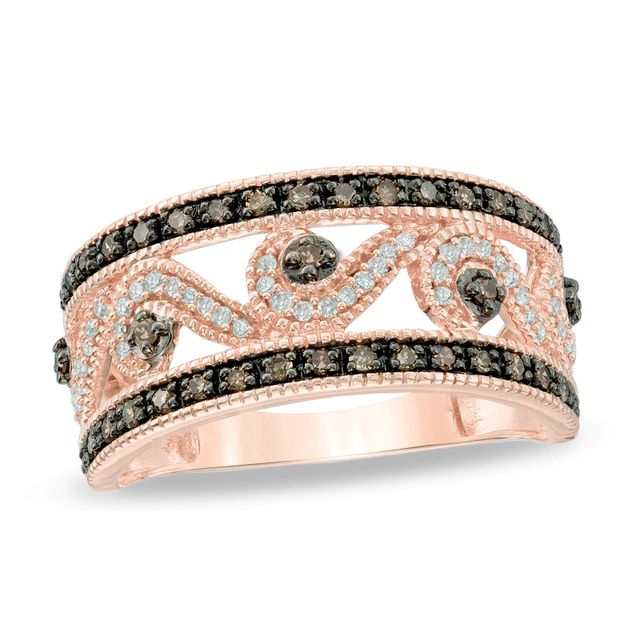 0.33 CT. T.W. Champagne and White Diamond Scroll Ring in 10K Rose Gold