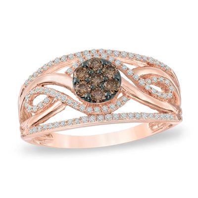 0.50 CT. T.W. Champagne and White Diamond Cluster Swirl Ring in 10K Rose Gold|Peoples Jewellers