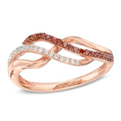 0.20 CT. T.W. Enhanced Cognac and White Diamond Split Waves Ring in 10K Rose Gold|Peoples Jewellers