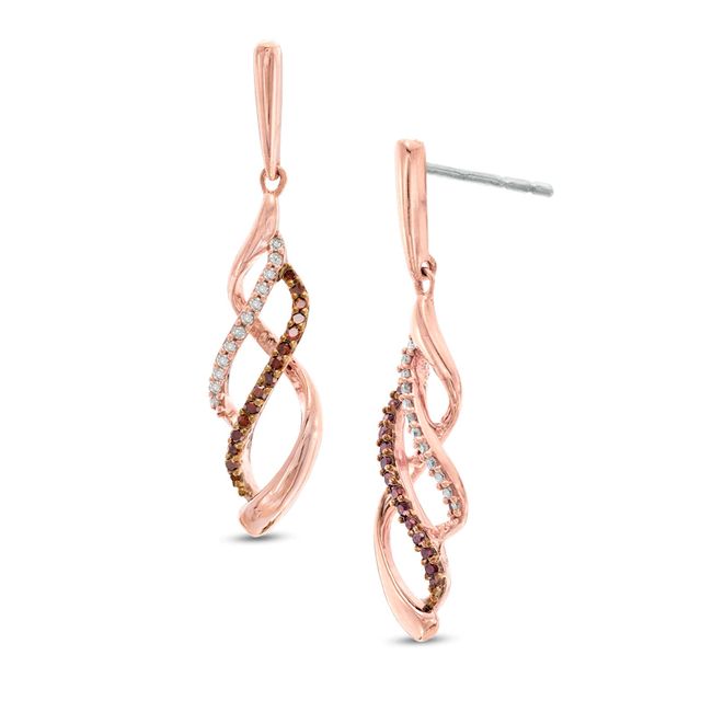 0.20 CT. T.W. Enhanced Cognac and White Diamond Split Waves Drop Earrings in 10K Rose Gold