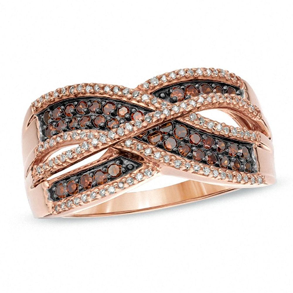 0.50 CT. T.W. Enhanced Cognac and White Diamond Crossover Ring in 10K Rose Gold|Peoples Jewellers