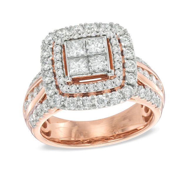 2.00 CT. T.W. Princess-Cut Quad Diamond Double Frame Engagement Ring in 14K Rose Gold|Peoples Jewellers