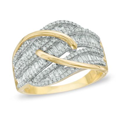 1.00 CT. T.W. Baguette and Round Diamond Layered Waves Ring in 10K Gold|Peoples Jewellers