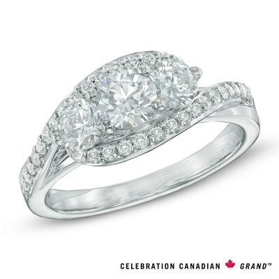 Celebration Canadian Ideal 1.20 CT. T.W. Certified Diamond Three Stone Bypass Ring in 14K White Gold (I/I1)|Peoples Jewellers