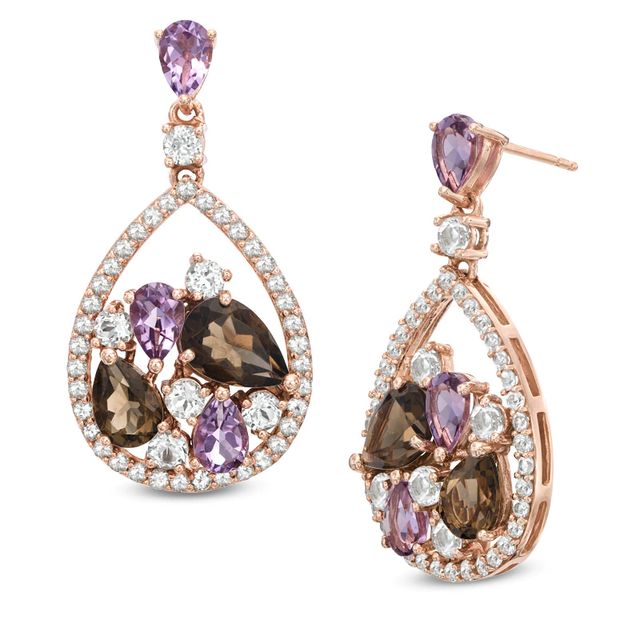 Rose de France Amethyst, Smoky Quartz and White Topaz Drop Earrings in Sterling Silver with 14K Rose Gold Plate|Peoples Jewellers