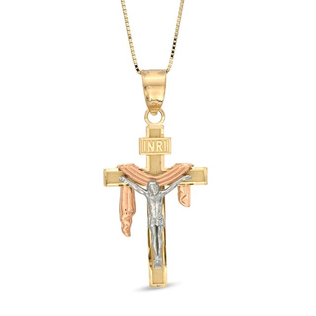 Crucifix Shroud Pendant in 10K Tri-Tone Gold|Peoples Jewellers