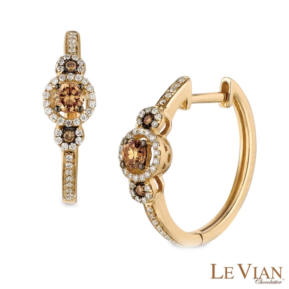 Le Vian Chocolate Diamonds® 0.42 CT. T.W. Diamond Three Stone Frame Hoop Earrings in 14K Honey Gold™|Peoples Jewellers