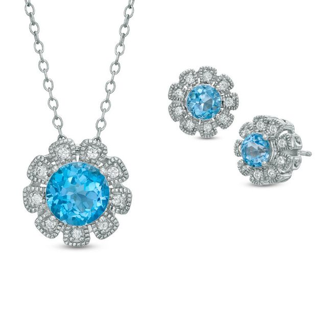 Swiss Blue Topaz and Lab-Created White Sapphire Flower Pendant and Earrings Set in Sterling Silver|Peoples Jewellers