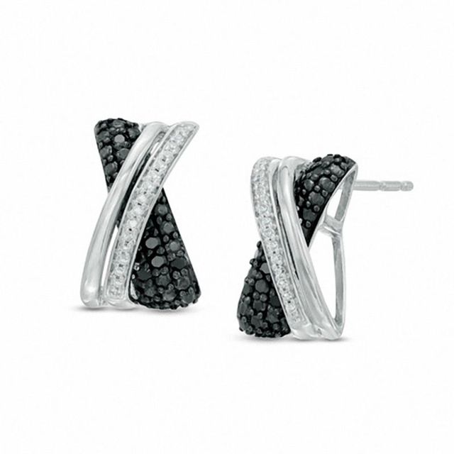 0.15 CT. T.W. Enhanced Black and White Diamond "X" J-Hoop Earrings in Sterling Silver|Peoples Jewellers