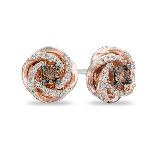 0.25 CT. T.W. Champagne and White Diamond Love Knot Stud Earrings in 10K Rose Gold