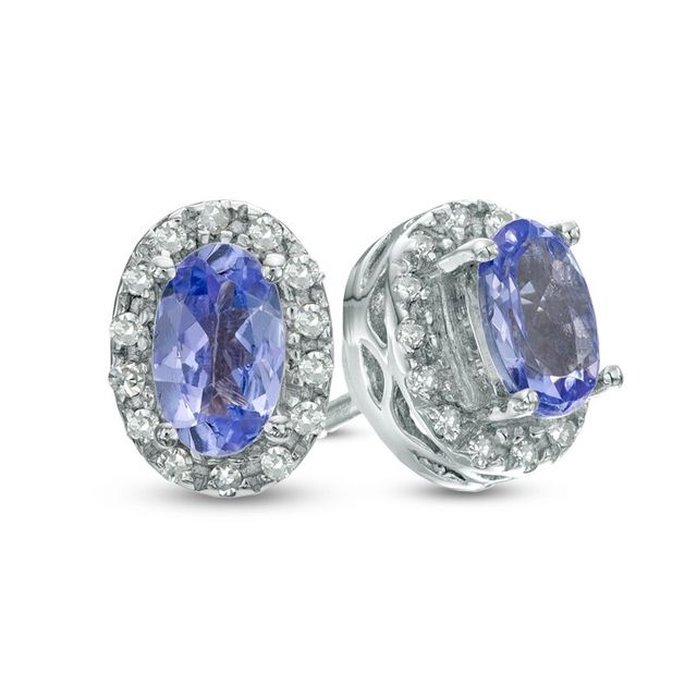 Oval Tanzanite and Diamond Accent Frame Stud Earrings in Sterling Silver