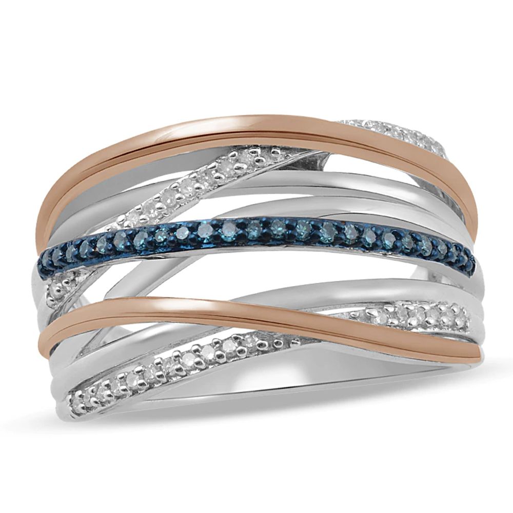 0.20 CT. T.W. Enhanced Blue and White Diamond Layered Rows Ring in Sterling Silver and 10K Rose Gold|Peoples Jewellers