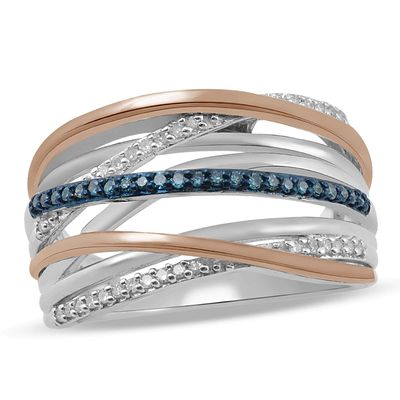 0.20 CT. T.W. Enhanced Blue and White Diamond Layered Rows Ring in Sterling Silver and 10K Rose Gold|Peoples Jewellers