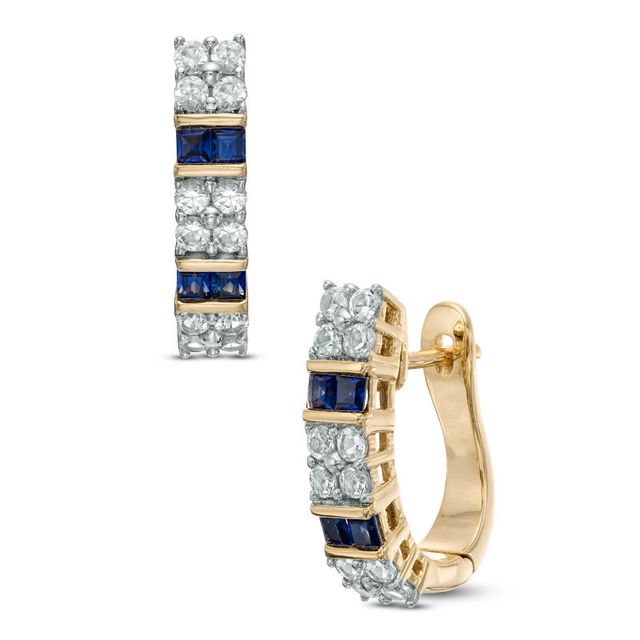 Lab-Created Blue and White Sapphire Hoop Earrings in Sterling Silver with 14K Gold Plate|Peoples Jewellers