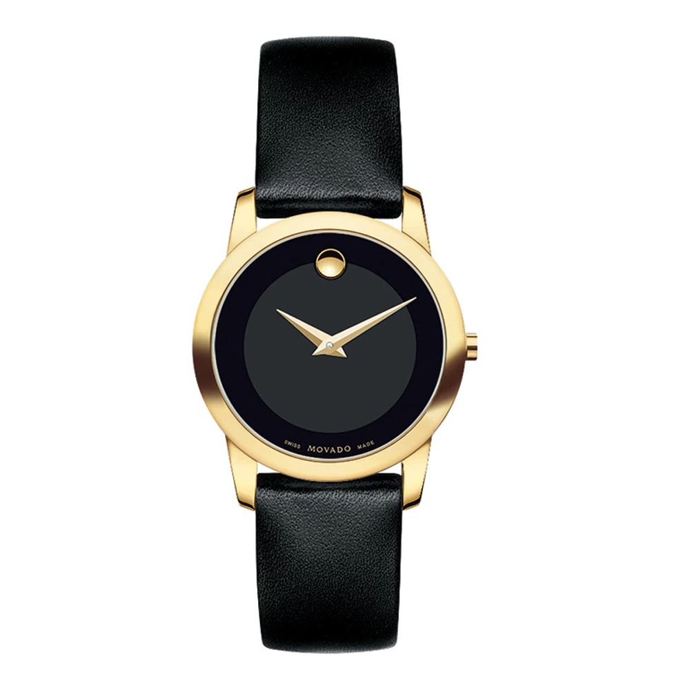 Ladies' Movado Museum® Classic Gold-Tone Strap Watch with Black Dial (Model: 0606877)|Peoples Jewellers