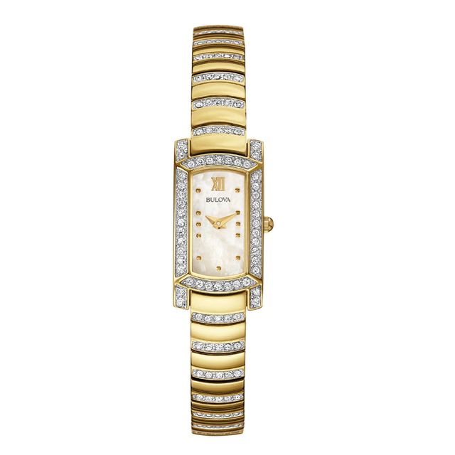 Ladies' Bulova Crystal Accent Gold-Tone Watch with Rectangular Mother-of-Pearl Dial (Model: 98L204)|Peoples Jewellers
