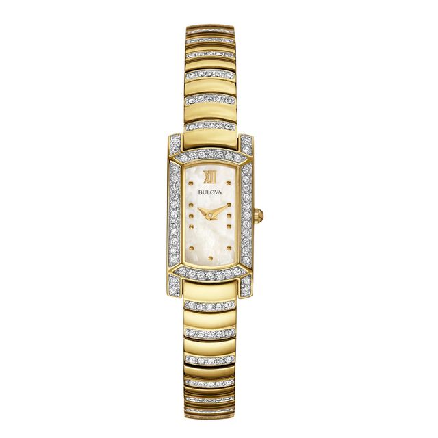 Ladies' Bulova Crystal Accent Gold-Tone Watch with Rectangular Mother-of-Pearl Dial (Model: 98L204)