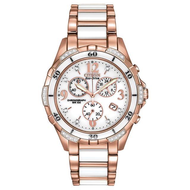 Ladies' Citizen Eco-Drive® Silhouette Chronograph Diamond Two-Tone Ceramic Watch with White Dial (Model: FB1233-51A)|Peoples Jewellers