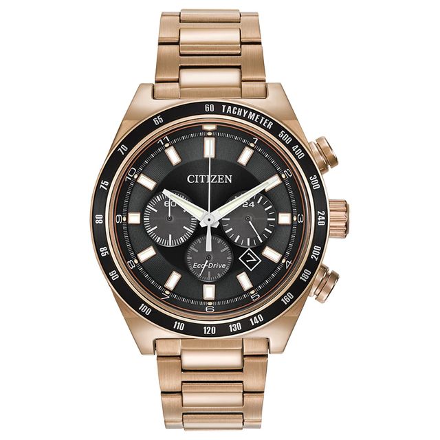 Men's Citizen Eco-Drive® Brycen Chronograph Rose-Tone Watch with Black Dial (Model: CA4203-54E)|Peoples Jewellers