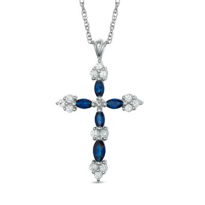 Marquise-Cut Lab-Created Blue and White Sapphire Cross Pendant in Sterling Silver|Peoples Jewellers