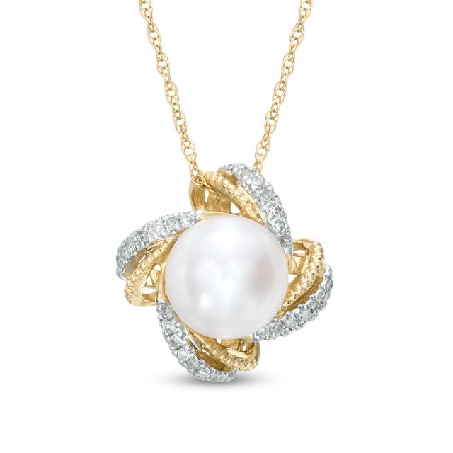 7.0mm Cultured Freshwater Pearl and Diamond Accent Swirl Pendant in 10K Gold|Peoples Jewellers