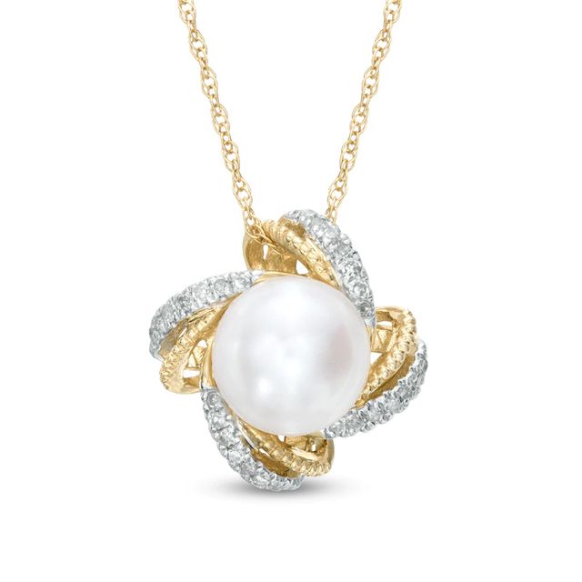 7.0mm Freshwater Cultured Pearl and Diamond Accent Swirl Pendant in 10K Gold|Peoples Jewellers