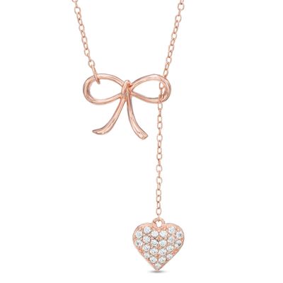 Lab-Created White Sapphire Bow Heart Lariat-Style Necklace in Sterling Silver with 18K Rose Gold Plate - 18.5"|Peoples Jewellers