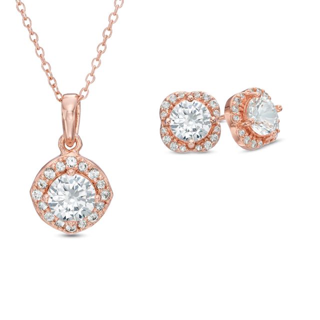 Lab-Created White Sapphire Vintage-Style Pendant and Stud Earrings Set in Sterling Silver with 18K Rose Gold Plate|Peoples Jewellers