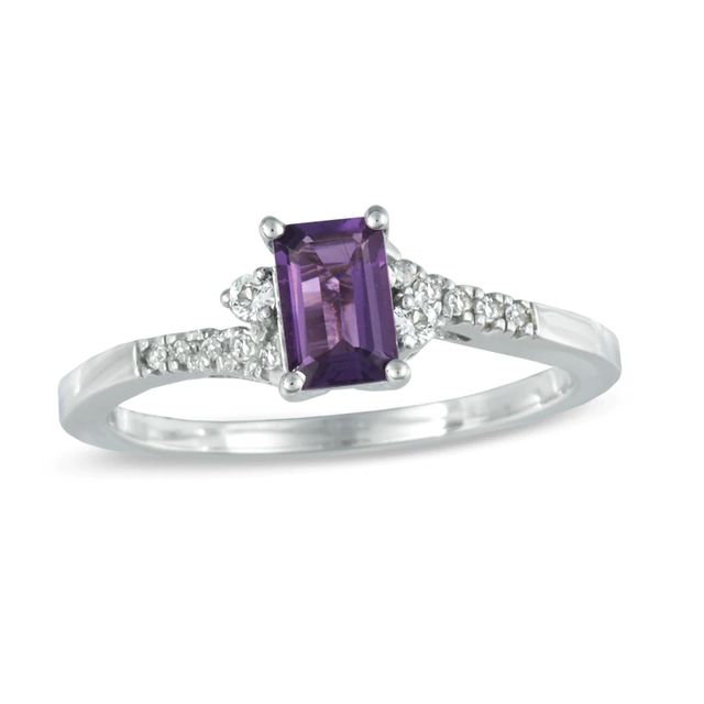 Emerald-Cut Amethyst, White Topaz and Diamond Accent Ring in 10K White Gold|Peoples Jewellers