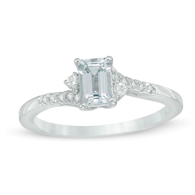 Emerald-Cut Aquamarine, White Topaz and Diamond Accent Ring in 10K White Gold|Peoples Jewellers