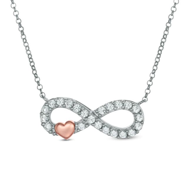 Lab-Created White Sapphire Infinity with Heart Necklace in Sterling Silver and 14K Rose Gold Plate - 16.5"