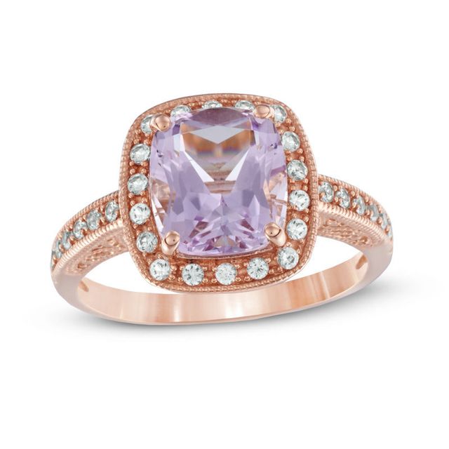 Cushion-Cut Rose de France Amethyst and Lab-Created White Sapphire Frame Ring in 10K Rose Gold|Peoples Jewellers