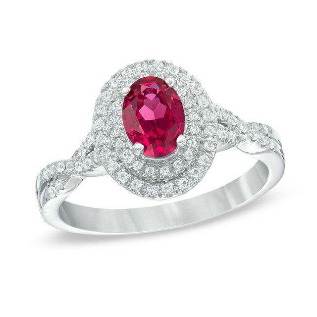 Oval Lab-Created Ruby and White Sapphire Double Frame Ring in 10K White Gold|Peoples Jewellers