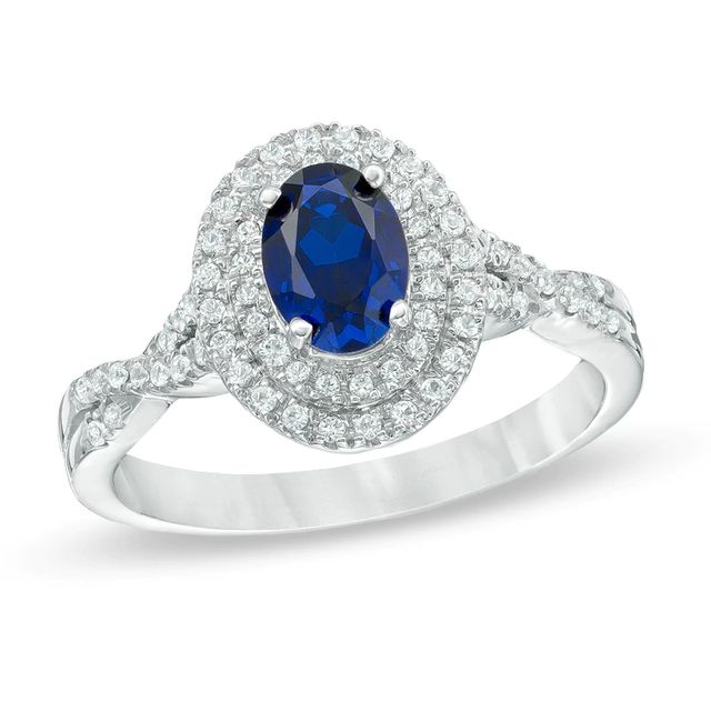 Oval Lab-Created Blue and White Sapphire Double Frame Ring in 10K White Gold|Peoples Jewellers