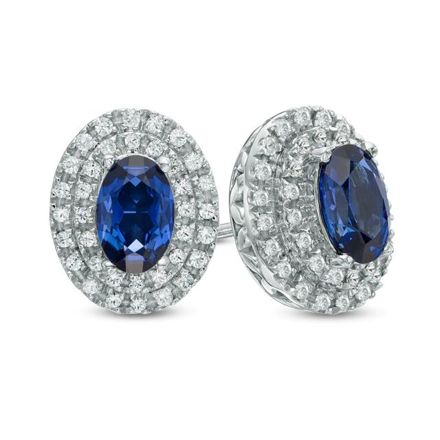 Oval Lab-Created Blue and White Sapphire Frame Stud Earrings in 10K White Gold|Peoples Jewellers