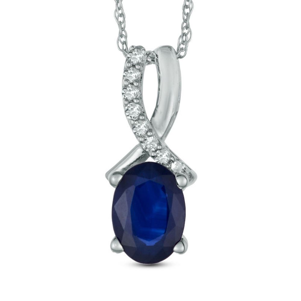 Oval Blue Sapphire and Diamond Accent Pendant in 10K White Gold|Peoples Jewellers